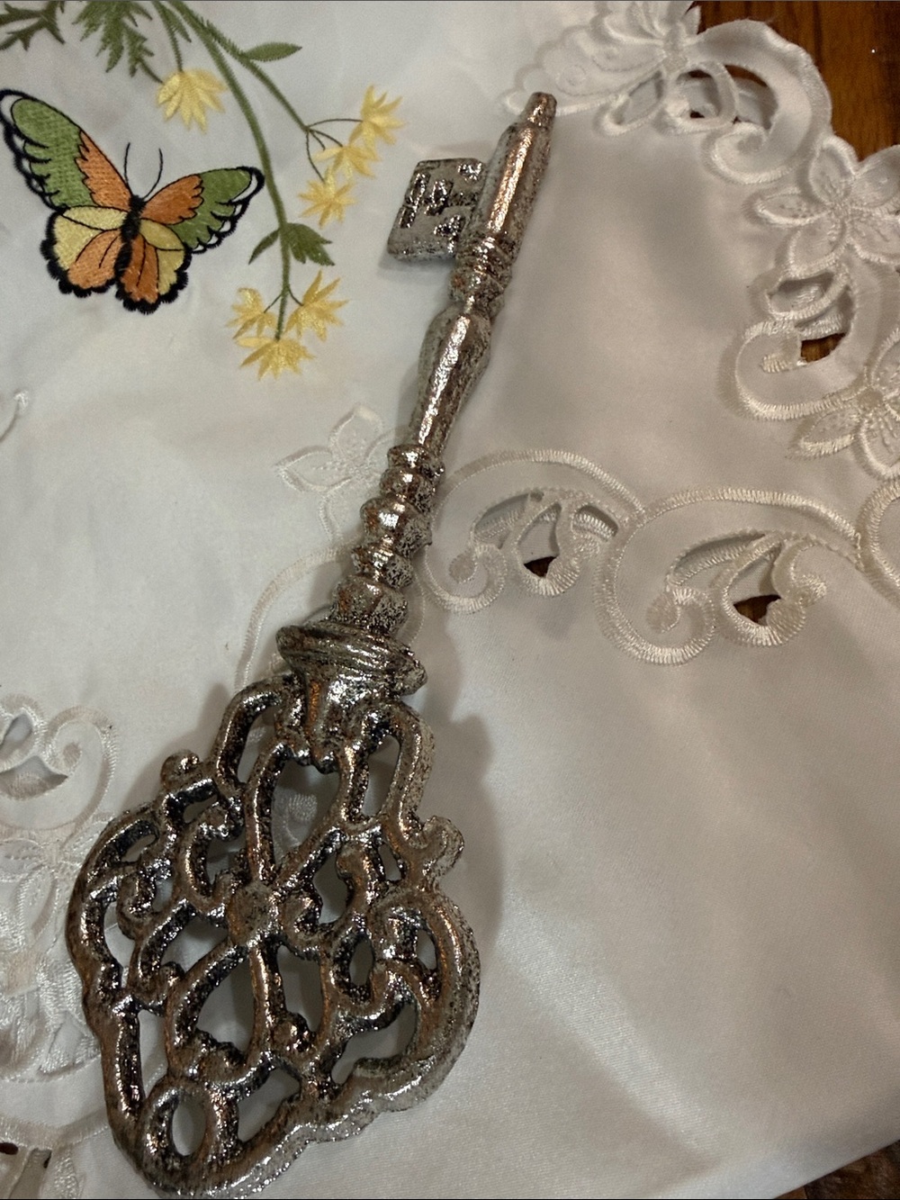 Large Ornate Silver Metal Skeleton Key Decor - 12 Inch